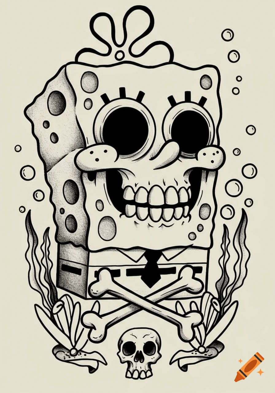 A black and white stylized illustration of SpongeBob SquarePants with a skull face, crossed bones, and seaweed, in a traditional tattoo art style.