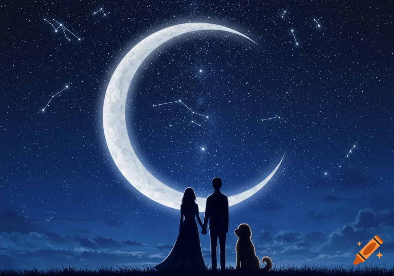 Silhouettes of a man, woman, and dog stand on a grassy hill under a large crescent moon and starry night sky with constellations. Digital art style.