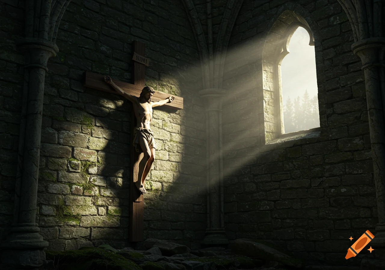 A depiction of Jesus Christ crucified on a wooden cross, illuminated by dramatic light rays streaming through a gothic arch window in a stone church.