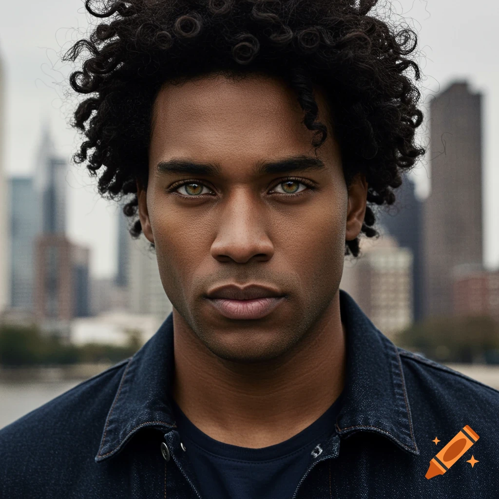 A photorealistic portrait of a man with dark curly hair and green eyes looking at the camera, with a blurred city in the background.