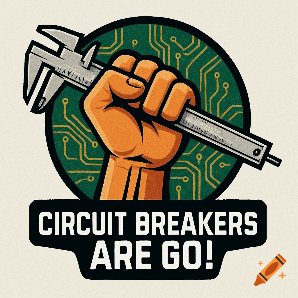 Stylized logo featuring an orange fist holding a caliper against a green circular circuit board with gold traces. Text reads 'CIRCUIT BREAKERS ARE GO!'