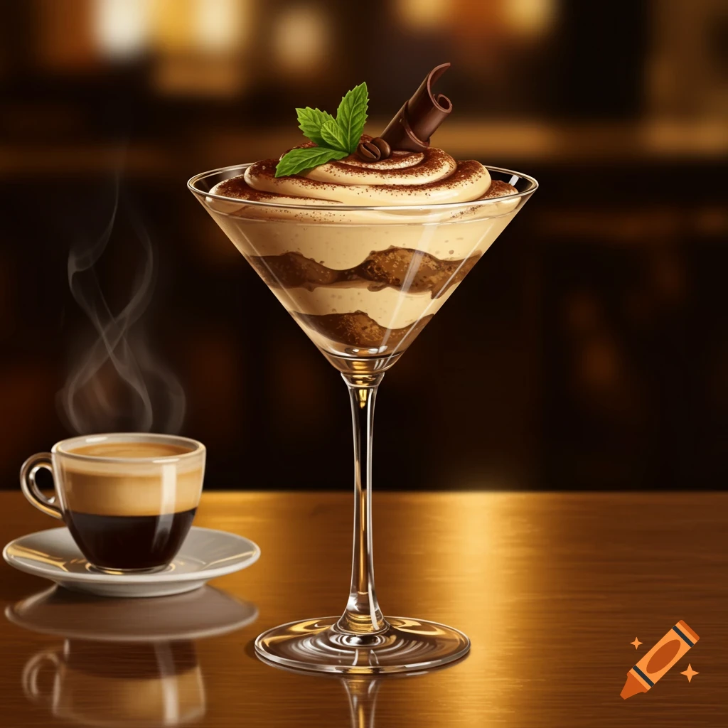 A close-up, photorealistic shot of tiramisu in a martini glass next to a steaming cup of coffee on a reflective wooden table.