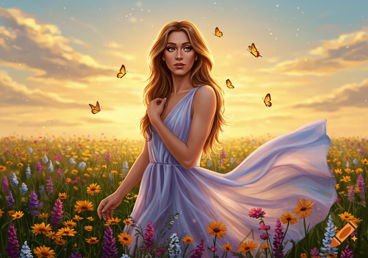 A beautiful woman with long flowing hair in a lavender dress stands in a vibrant wildflower field at sunset with butterflies.