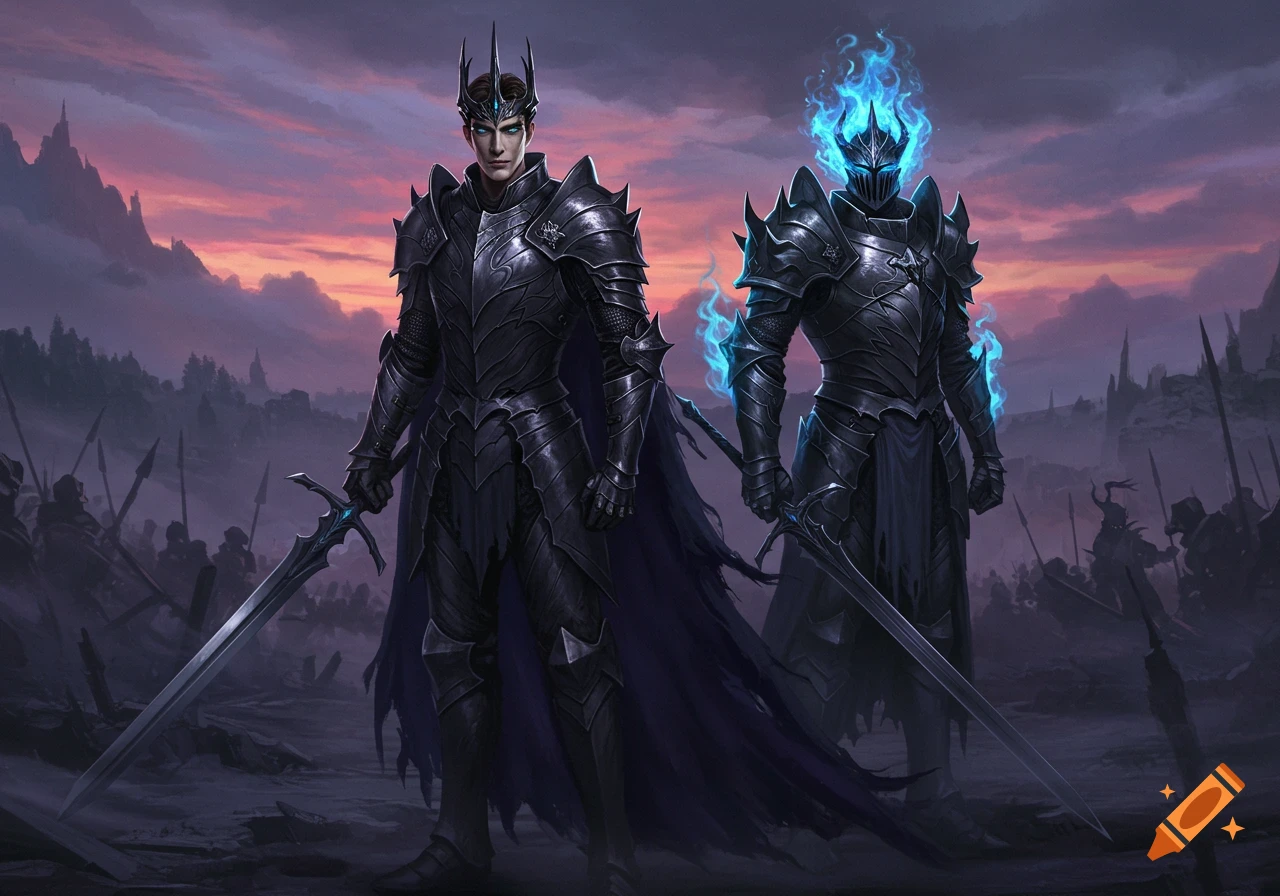Two dark armored fantasy warriors stand with swords on a desolate battlefield at sunset, one crowned, the other with a flaming helmet.