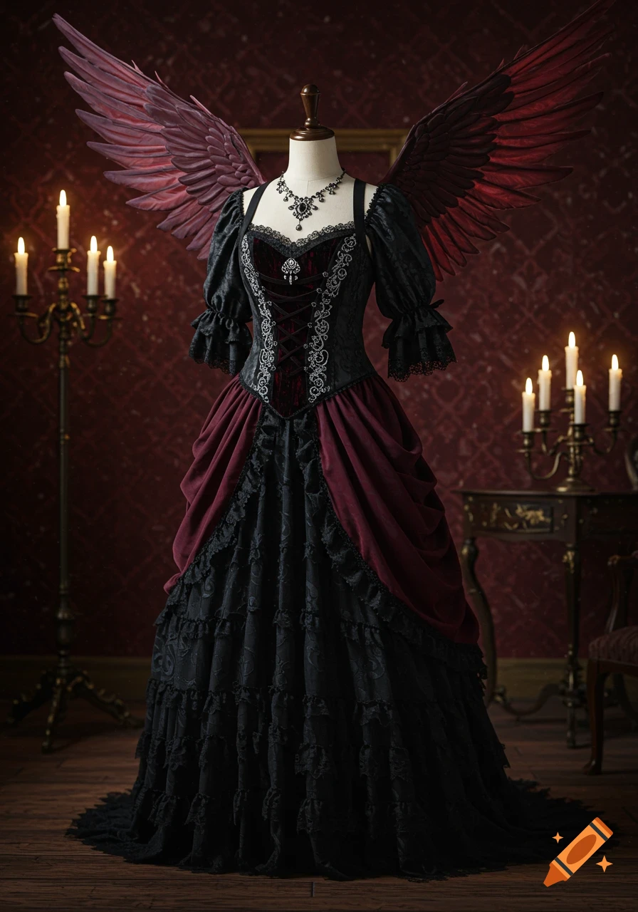 A dark red and black Gothic dress with large red feathered wings on a mannequin, illuminated by candlelight in a dim room.