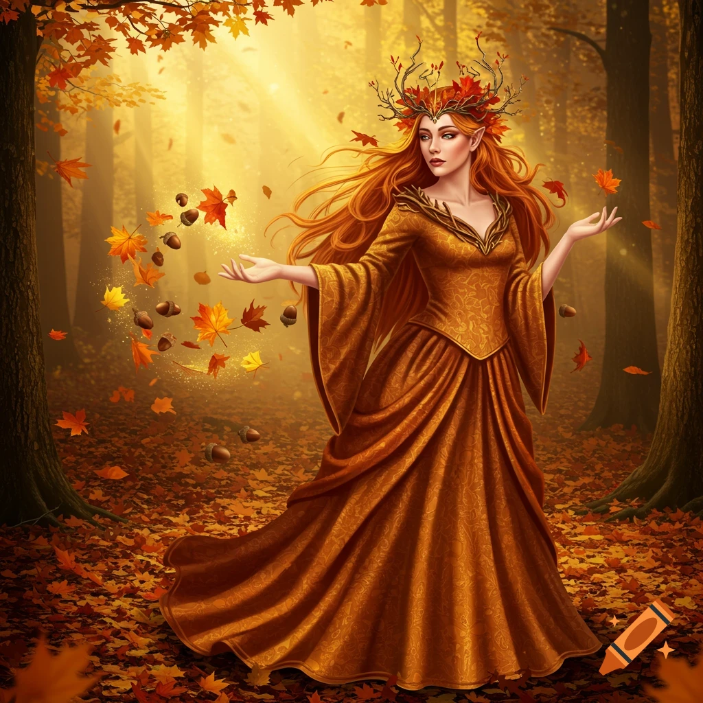 A vibrant digital painting of an autumn queen with long red hair and a crown of leaves, standing in a golden forest with swirling fall foliage.
