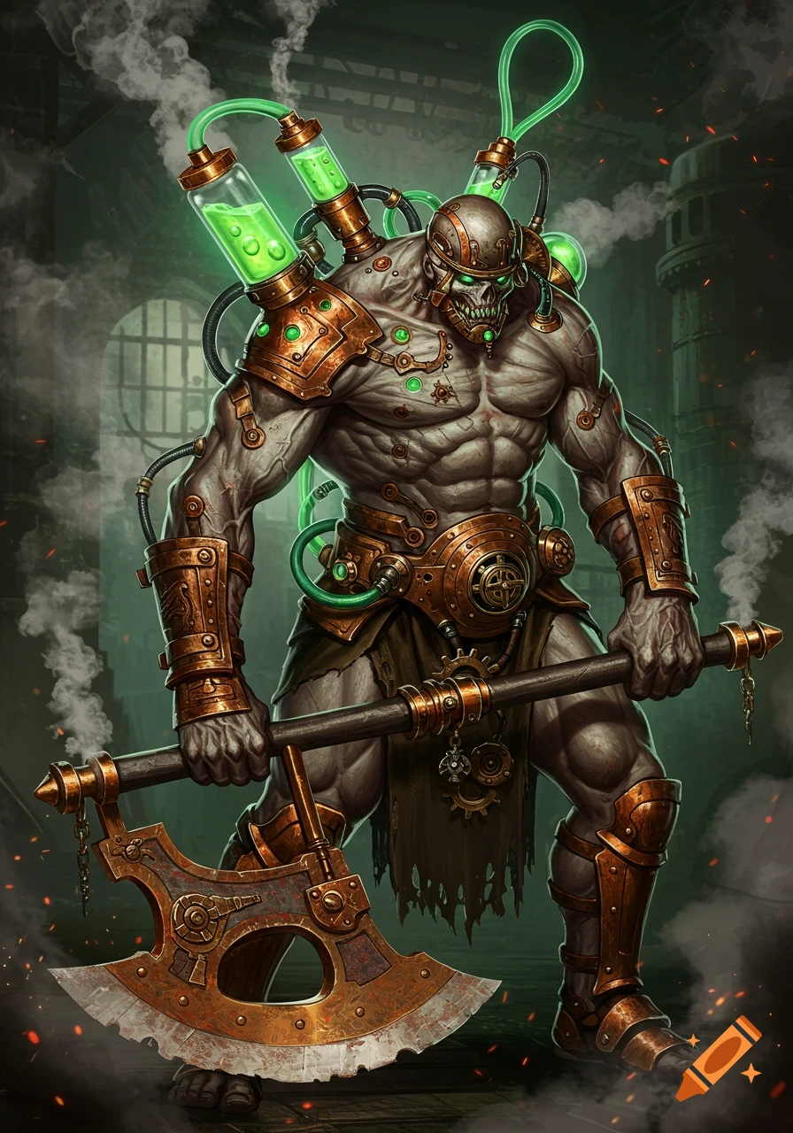 A muscular, ghoul-like steampunk creature with green liquid tubes on its back, wielding a large axe.