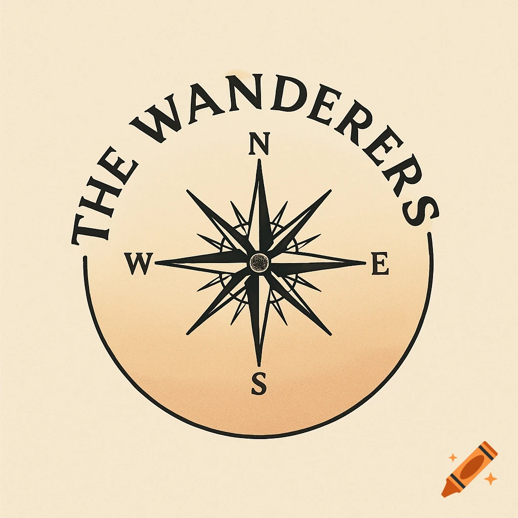 A cream-colored logo with a black compass rose in the center of a circular gradient from cream to orange, with the text "THE WANDERERS" curving above.