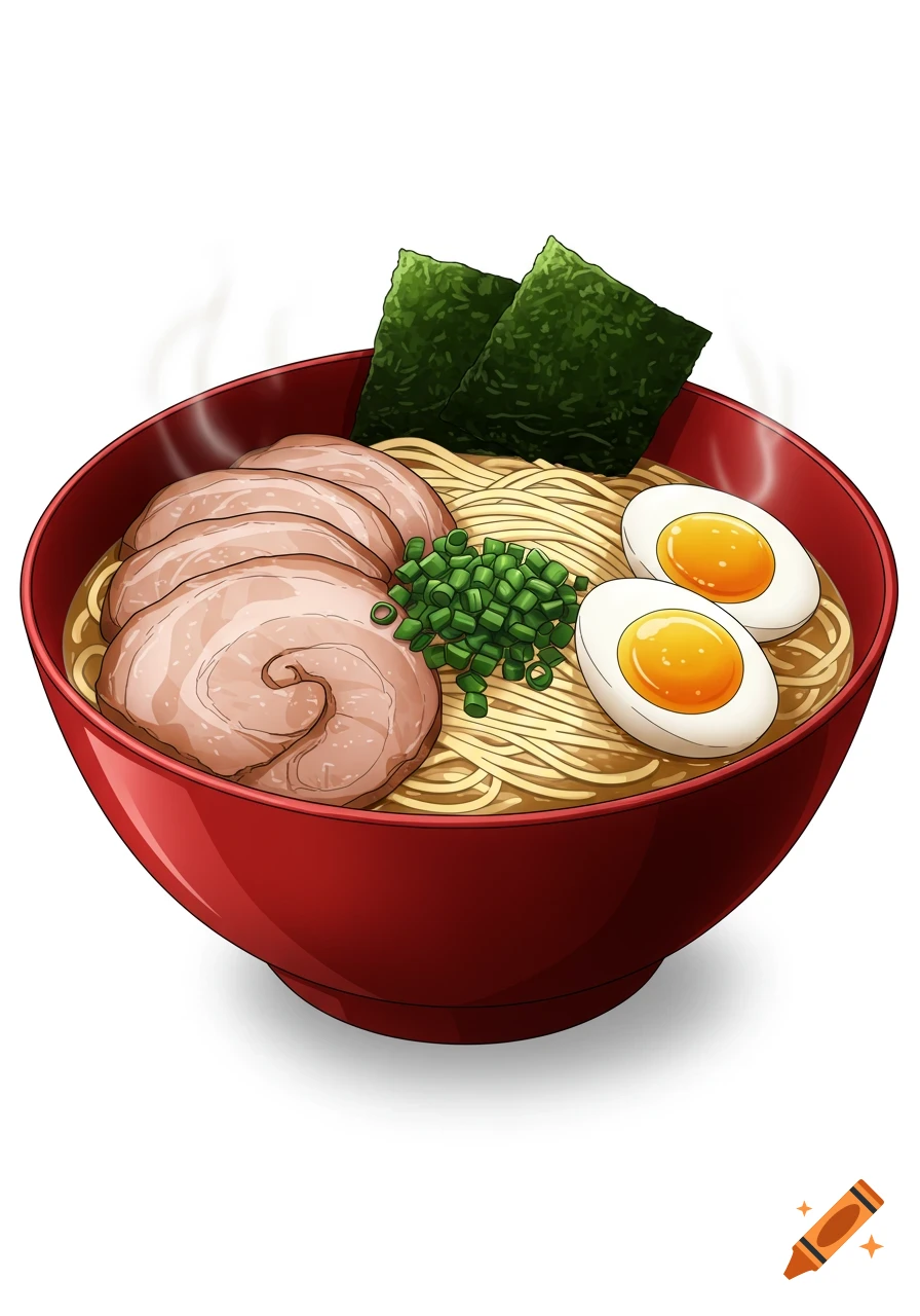 Anime-style red bowl of ramen with sliced pork, green onions, noodles, two soft-boiled eggs, and two pieces of seaweed against a white background.
