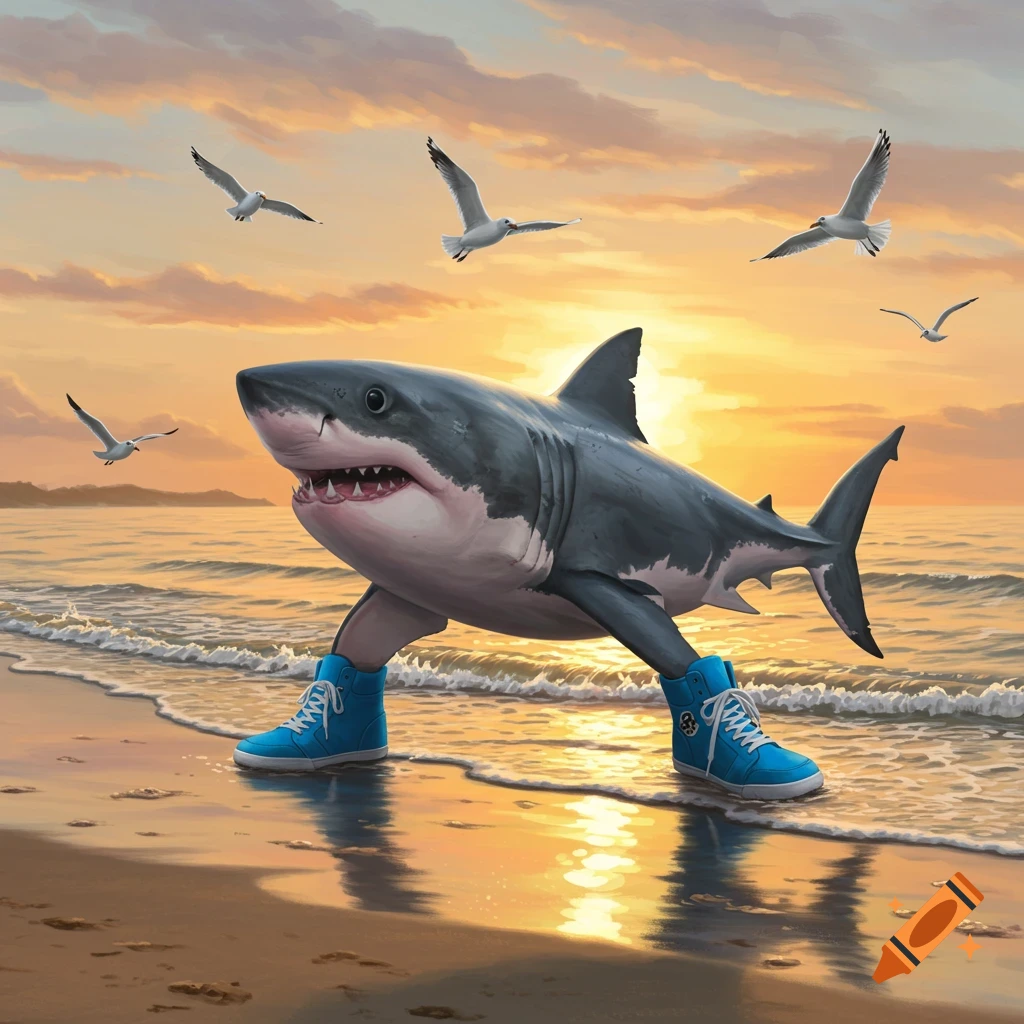 A large gray shark with blue high-top sneakers walks on a sandy beach at sunset, with seagulls flying overhead.