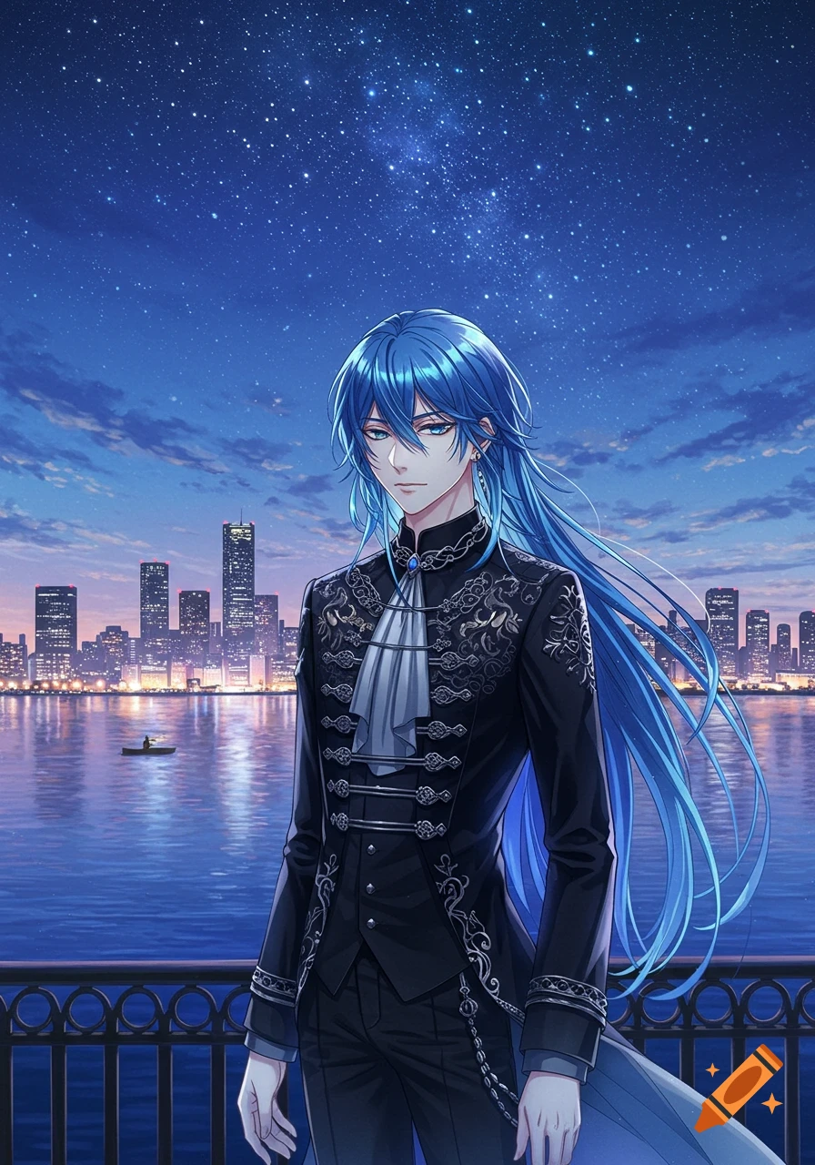 An anime boy with long blue hair and silver eyes stands in a black ornate suit overlooking a city skyline at night under a starry sky.
