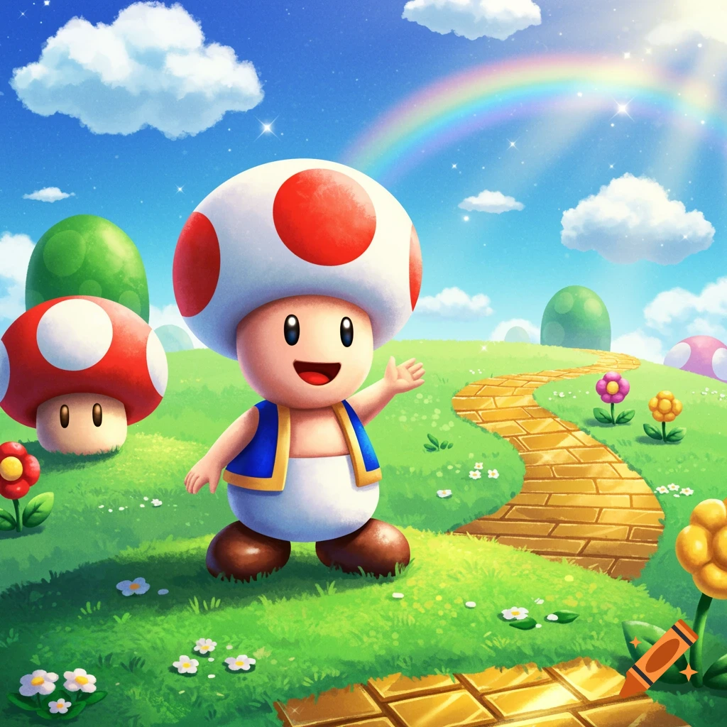 Happy cartoon Toad in a vibrant green field with a yellow brick path, a rainbow, and mushrooms under a blue sky.