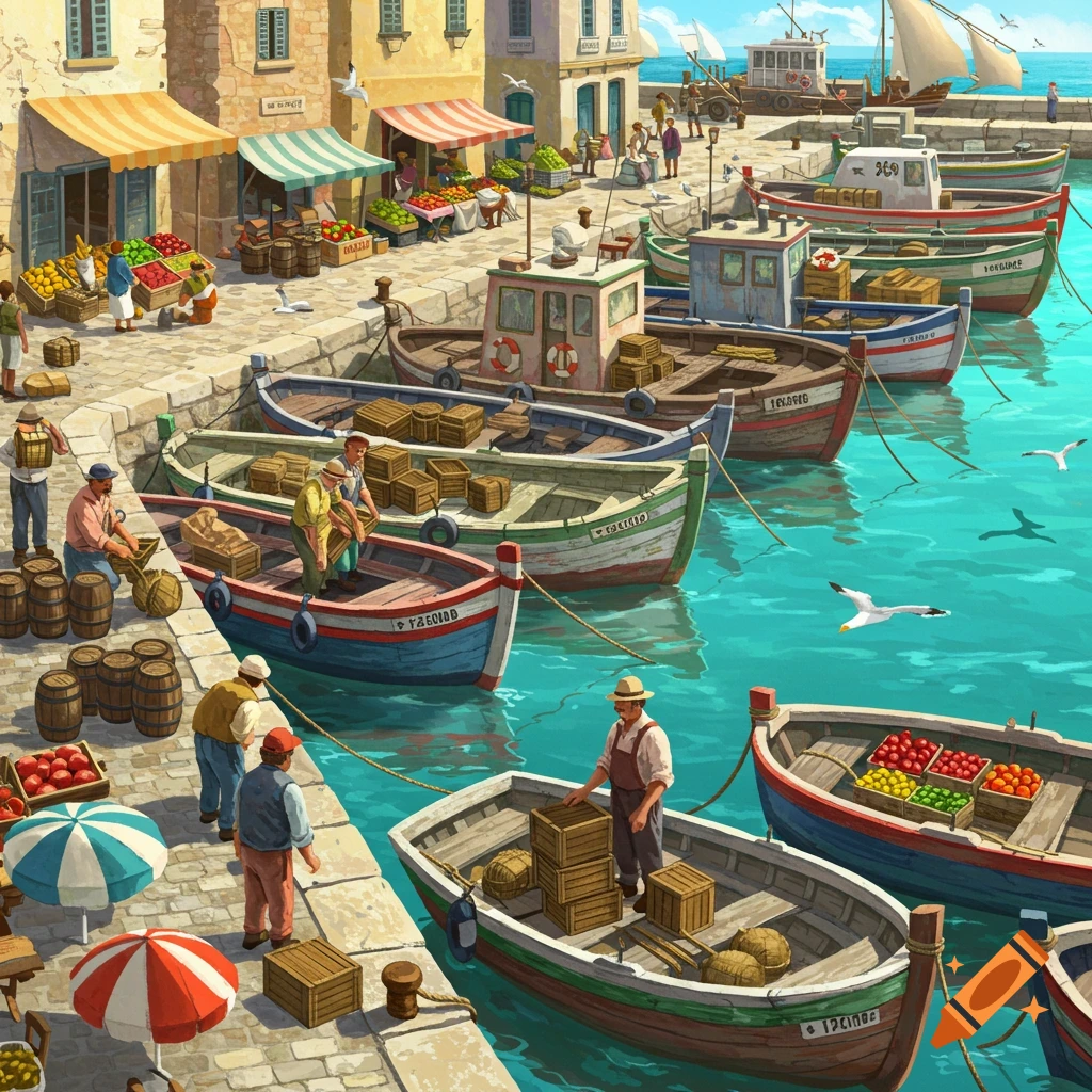 Vibrant illustration of a bustling Mediterranean harbor with market stalls, people, and fishing boats.
