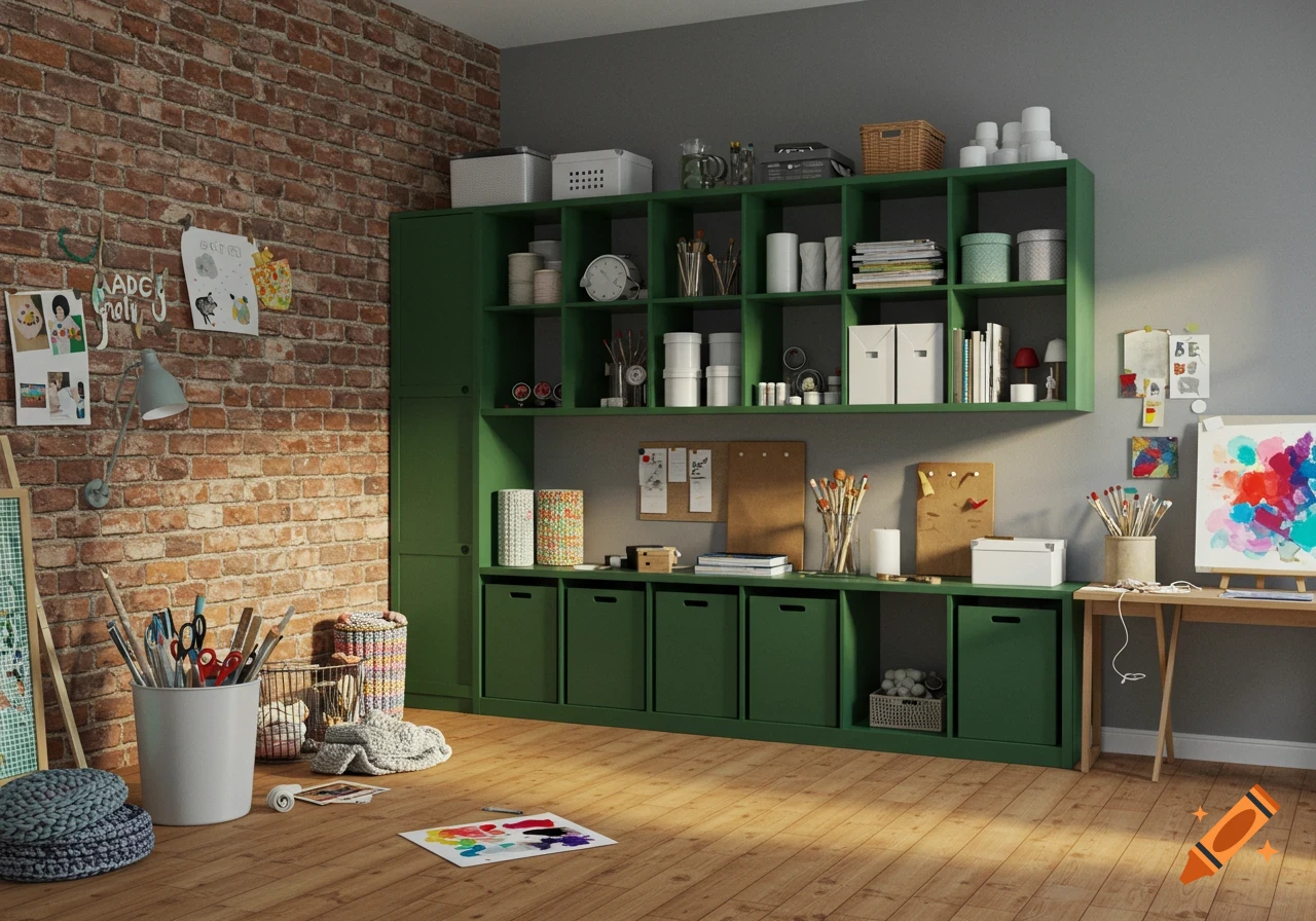 A tidy craft room featuring a green shelf system against a gray wall and a red brick wall, filled with art supplies.