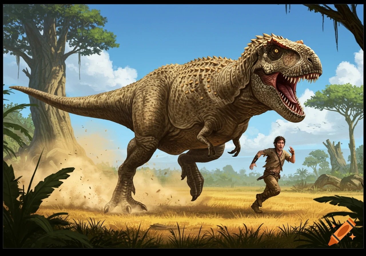 A large T-Rex chases a man through a grassy, prehistoric landscape with trees under a blue sky.