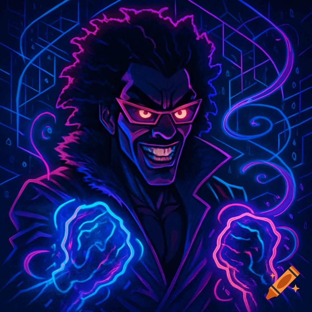 A stylized, neon-lit illustration of a dark-skinned man with wild hair, glowing red eyes in pink glasses, and a wide grin, emanating blue and pink energy from his fists against a geometric background.