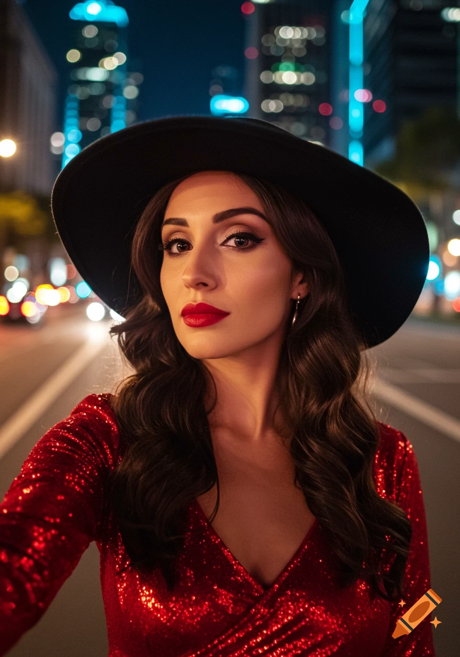A woman in a red sequined dress and a black hat takes a selfie in a city at night, with blurred city lights in the background.