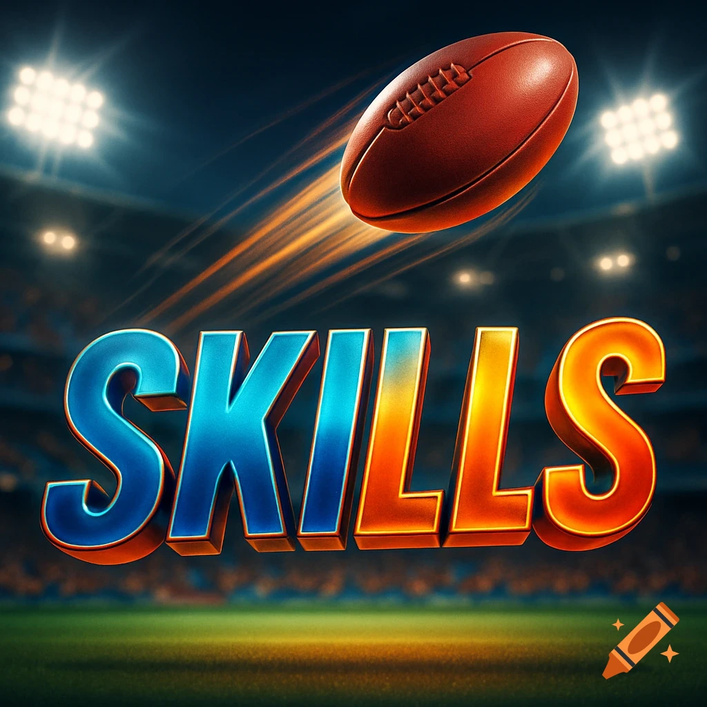 Bold blue and orange 3D text spelling 'SKILLS' at the bottom, with an American football soaring above it in a brightly lit stadium.