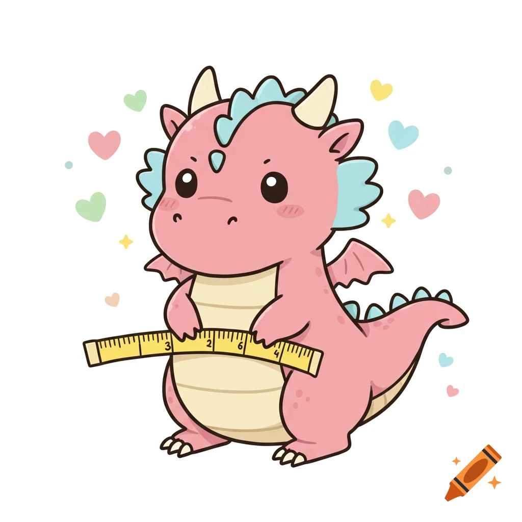 Cute pink and blue chibi dragon holding a yellow measuring tape around its belly, surrounded by colorful hearts.