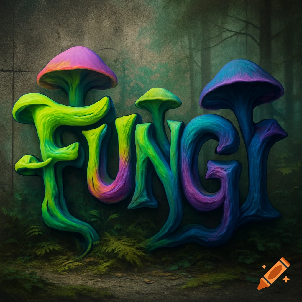 A 3D graffiti rendering of the word "FUNGI" in vibrant green, purple, and blue, styled like mushrooms in a dark, mossy forest setting.