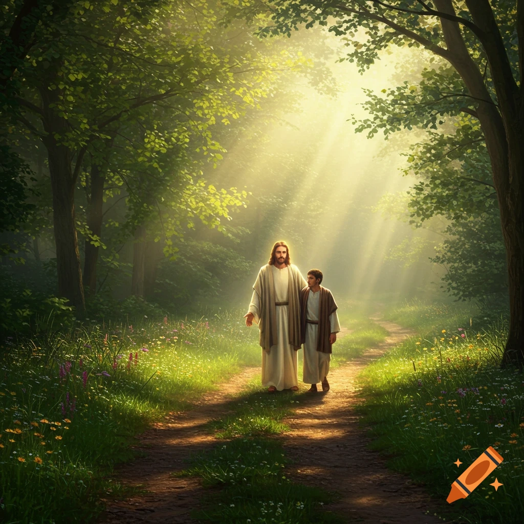 Jesus and a follower walk down a sun-dappled forest path with light beams shining through trees.