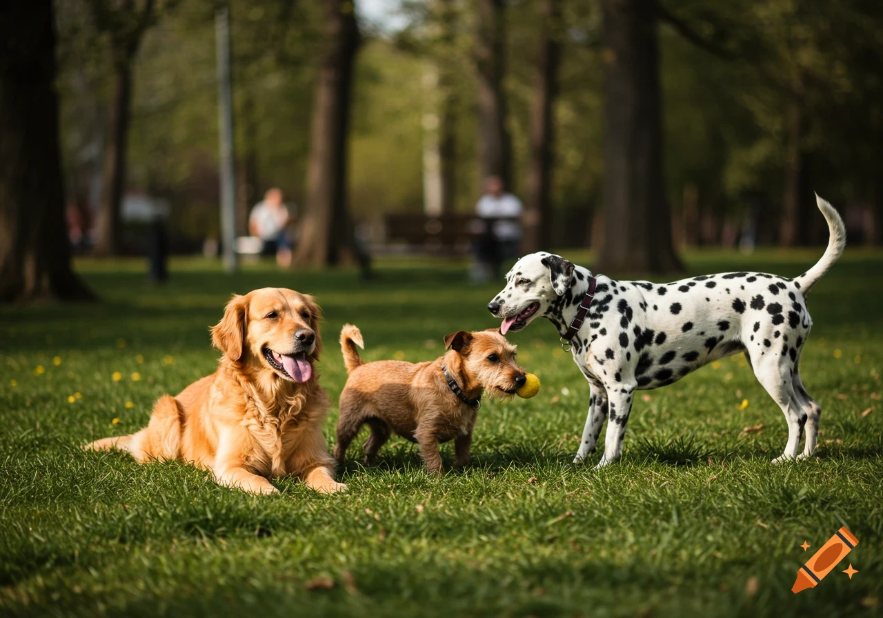 A golden retriever, terrier, and Dalmatian play together in a grassy park, the terrier holding a yellow ball.