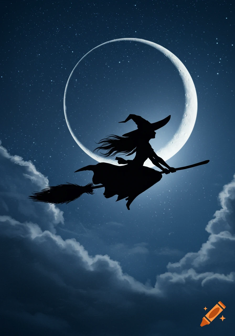 Silhouette of a witch flying on a broomstick against a large crescent moon in a starry night sky with clouds.