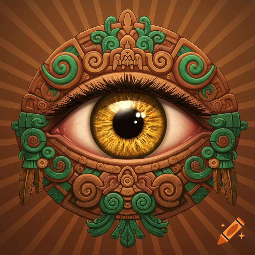 A detailed stylized eye with a yellow iris surrounded by ornate brown and green pre-Hispanic inspired carvings and patterns on a brown radial background.
