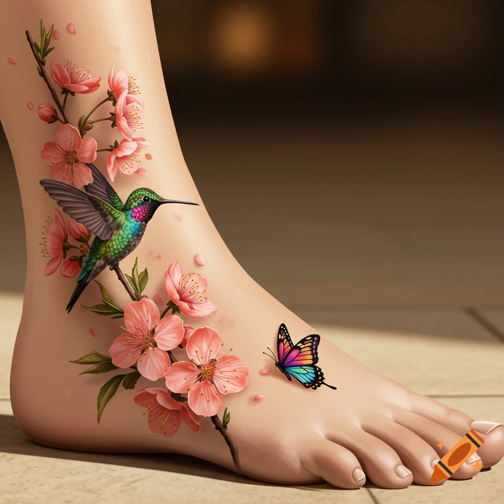 Close-up of a human foot with a tattoo of a hummingbird on pink cherry blossoms and a colorful butterfly.