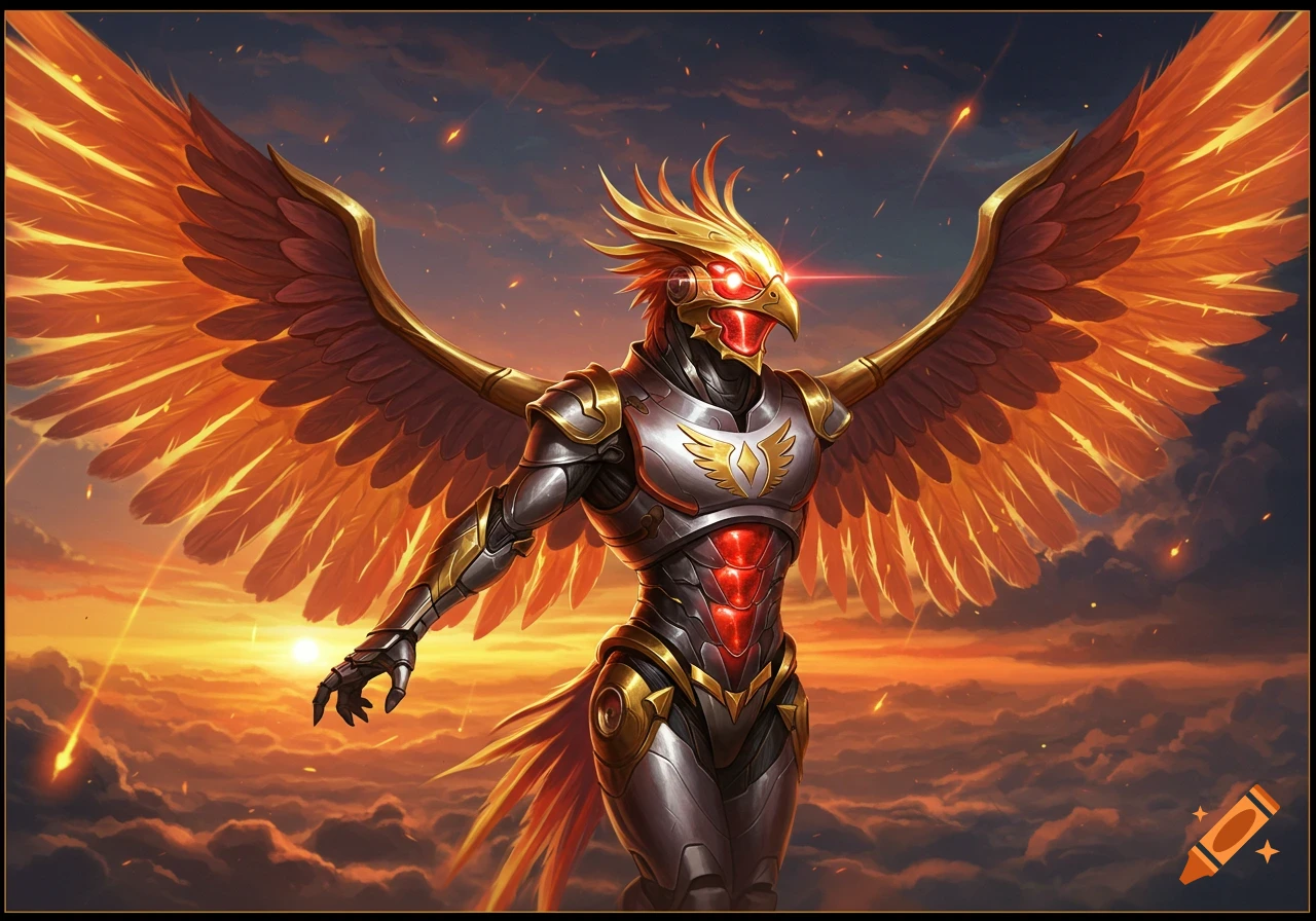 A majestic robotic phoenix-like warrior with fiery wings and glowing red eyes stands against a dramatic sunset sky with falling meteors.