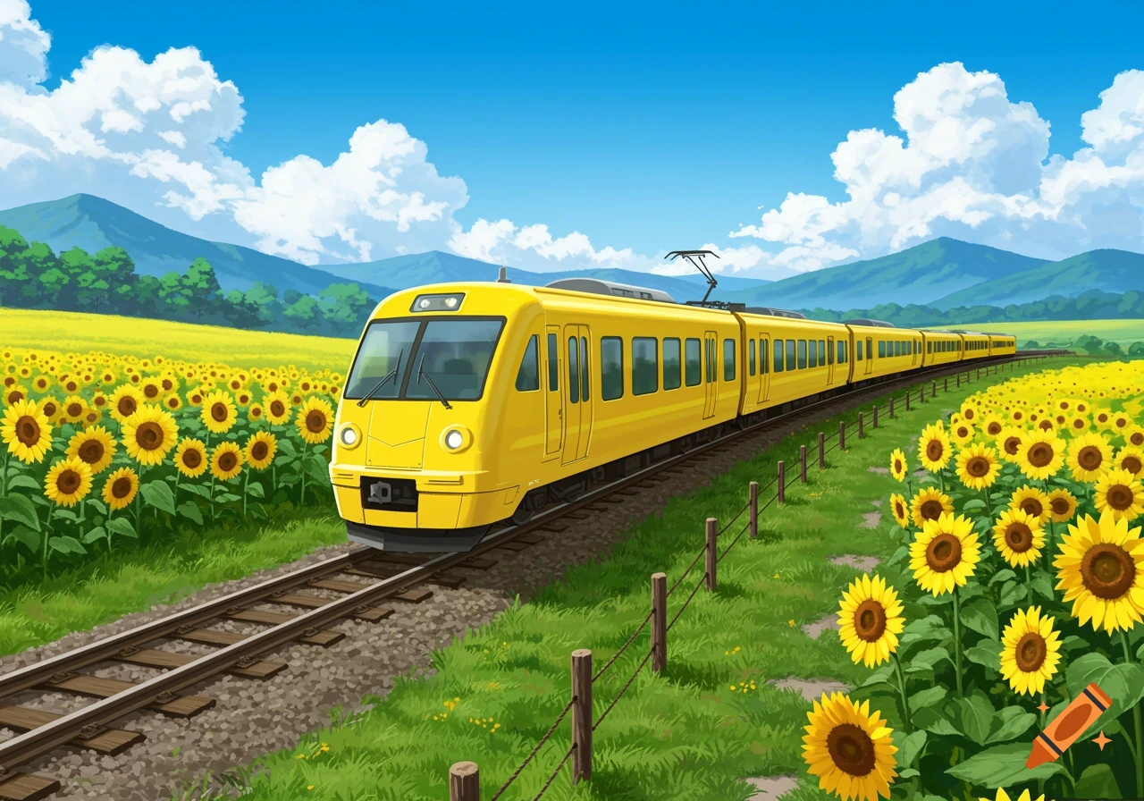 A bright yellow train travels through a vibrant field of sunflowers under a blue sky with white clouds, with distant green mountains.