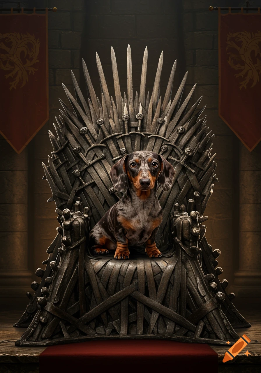 A dapple miniature dachshund sits regally on the ornate, spiky Iron Throne in a dimly lit castle hall.