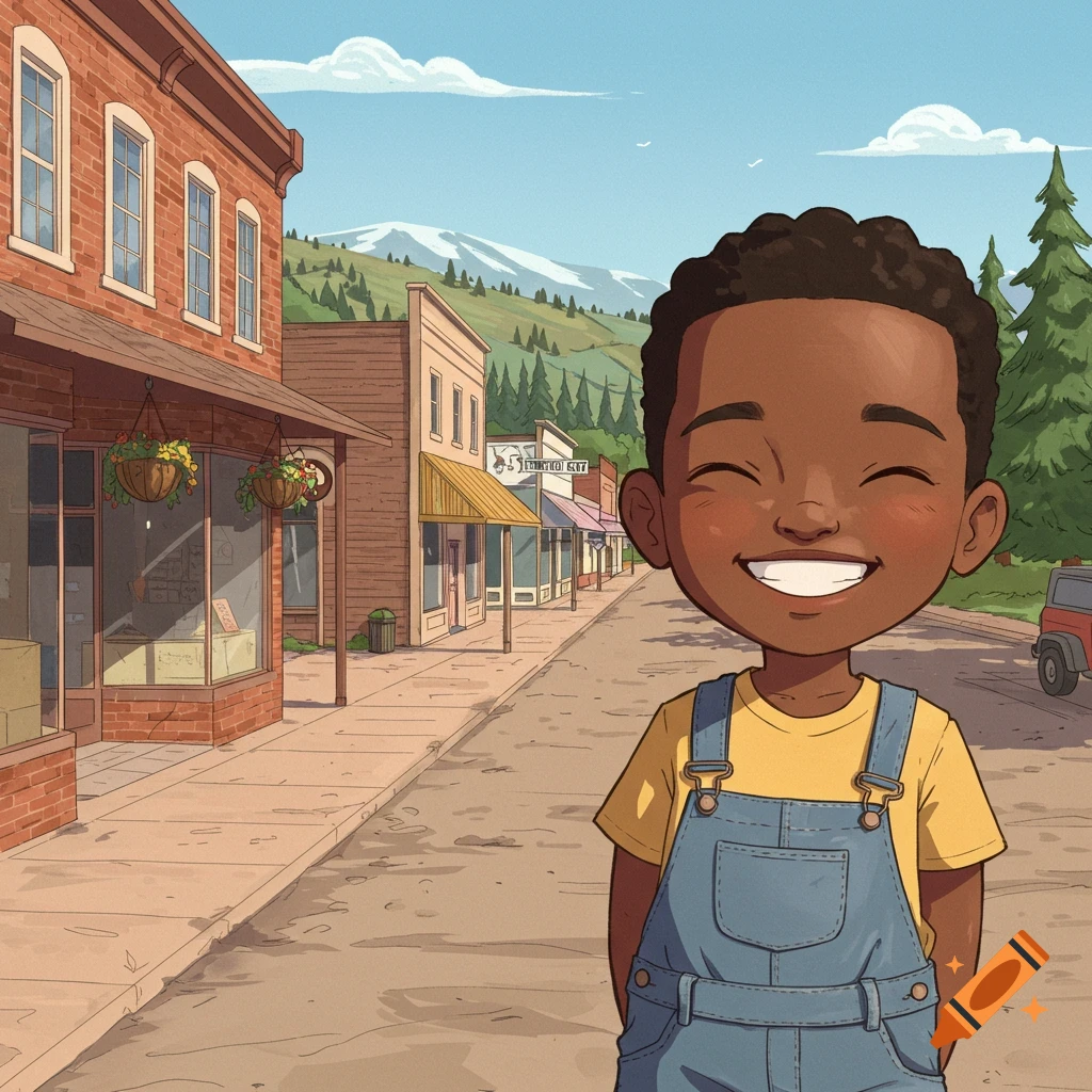 A smiling young Black boy in overalls stands on a street in a cartoon-style small town with buildings and mountains in the background.
