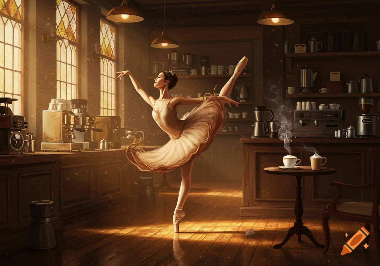 A ballerina in a classical pose in a sunlit cafe with coffee machines and steaming cups, in a painted style.