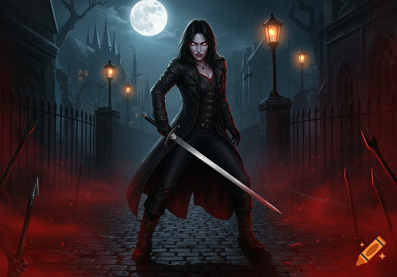 A fierce female vampire slayer stands with a sword on a dark, cobblestone street in a gothic city under a full moon with red mist.