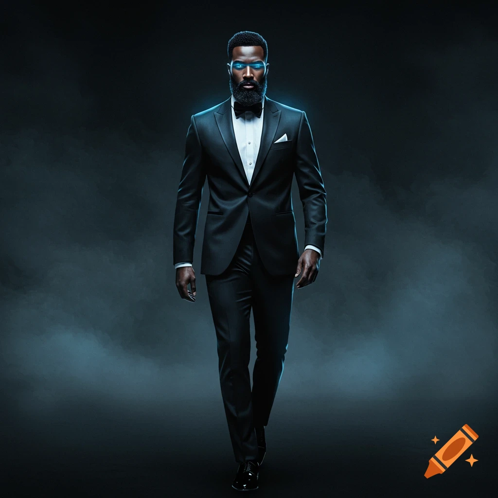A man with a beard in a black suit and bow tie walking forward with glowing blue eyes and a glowing aura against a dark, smoky background.