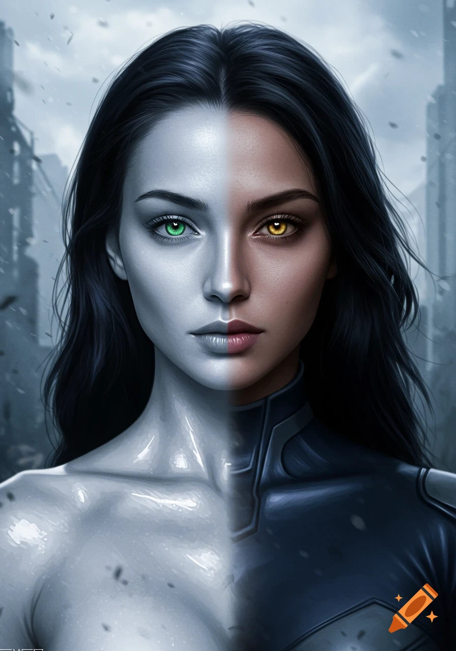 A portrait of a woman with a split appearance: one side pale with a green eye, the other darker with a gold eye and a dark suit.