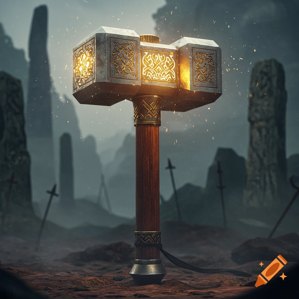A large, glowing warhammer with a wooden handle stands upright in a misty, rocky landscape with ancient stone pillars.