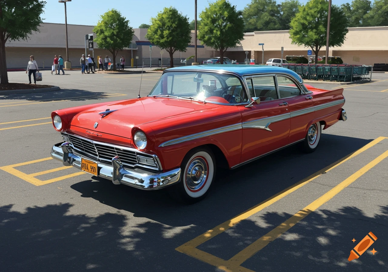 A red and blue 1957 Ford Fairlane 300 classic car parked in a supermarket parking lot on a sunny day.