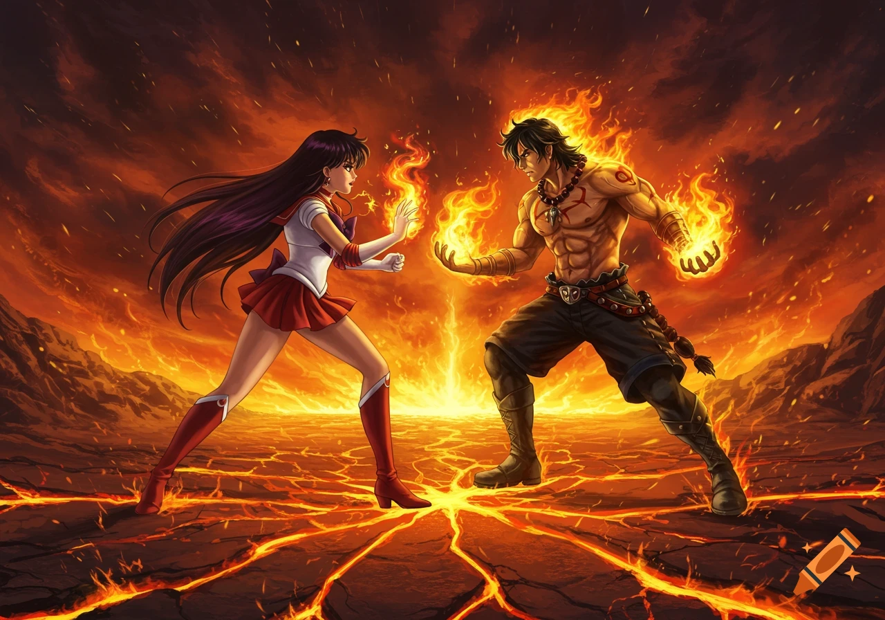 Anime characters Sailor Mars and Portgas D. Ace battle with fire powers in a volcanic landscape.