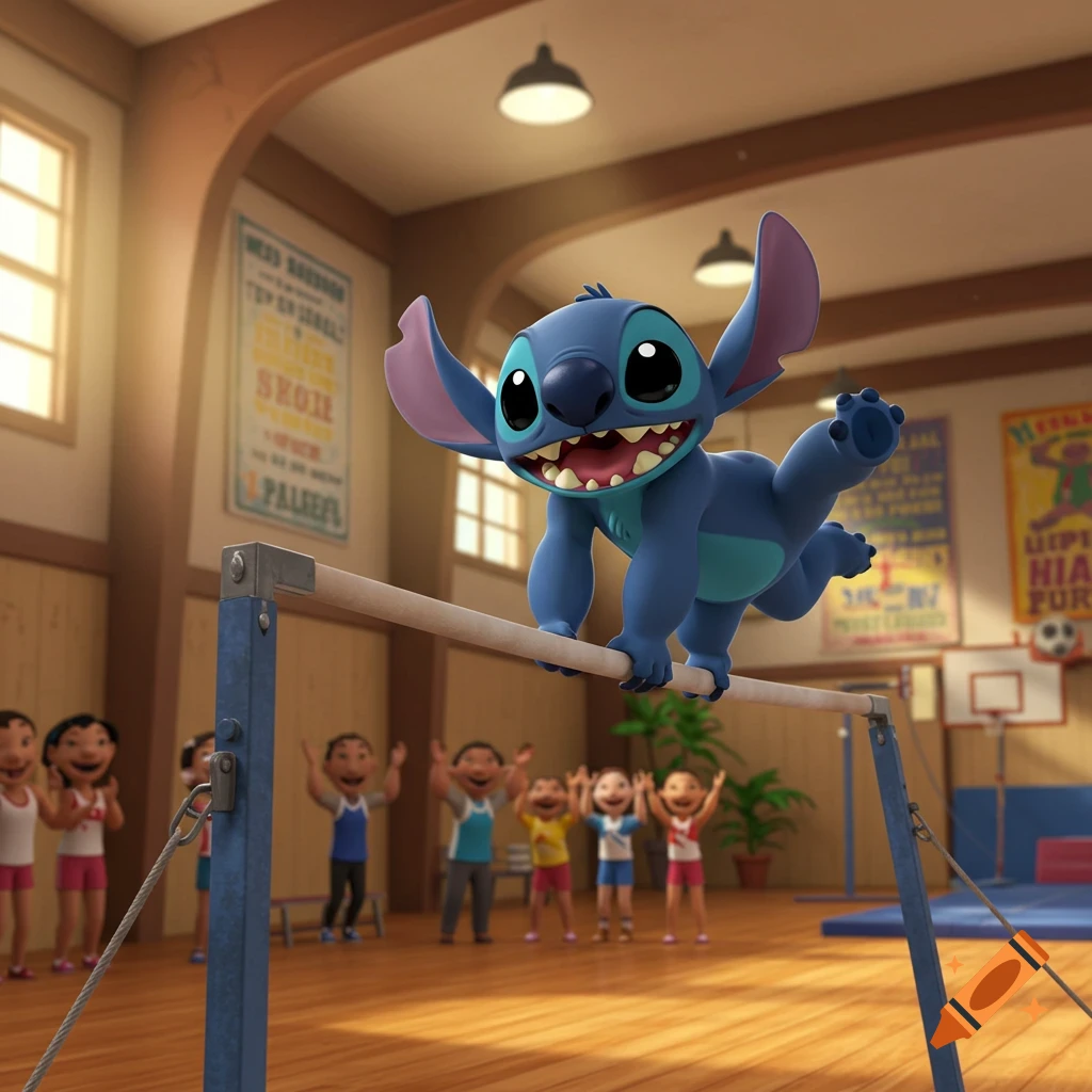 Animated Stitch performs on the uneven bars in a brightly lit gymnasium, with children cheering in the background.