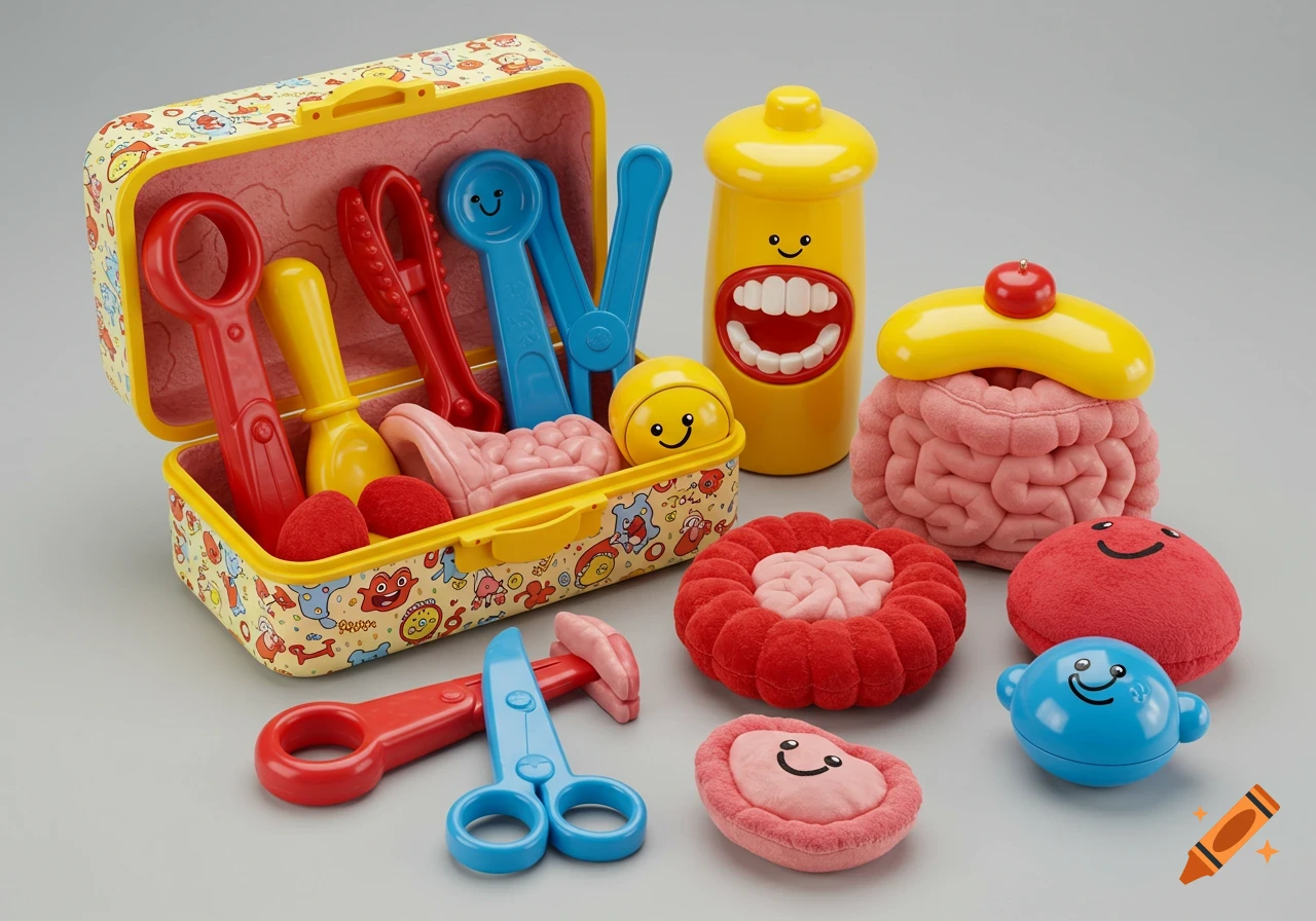 A colorful Fisher-Price style children's "autopsy kit" with plastic medical tools and plush, smiling cartoon organs.