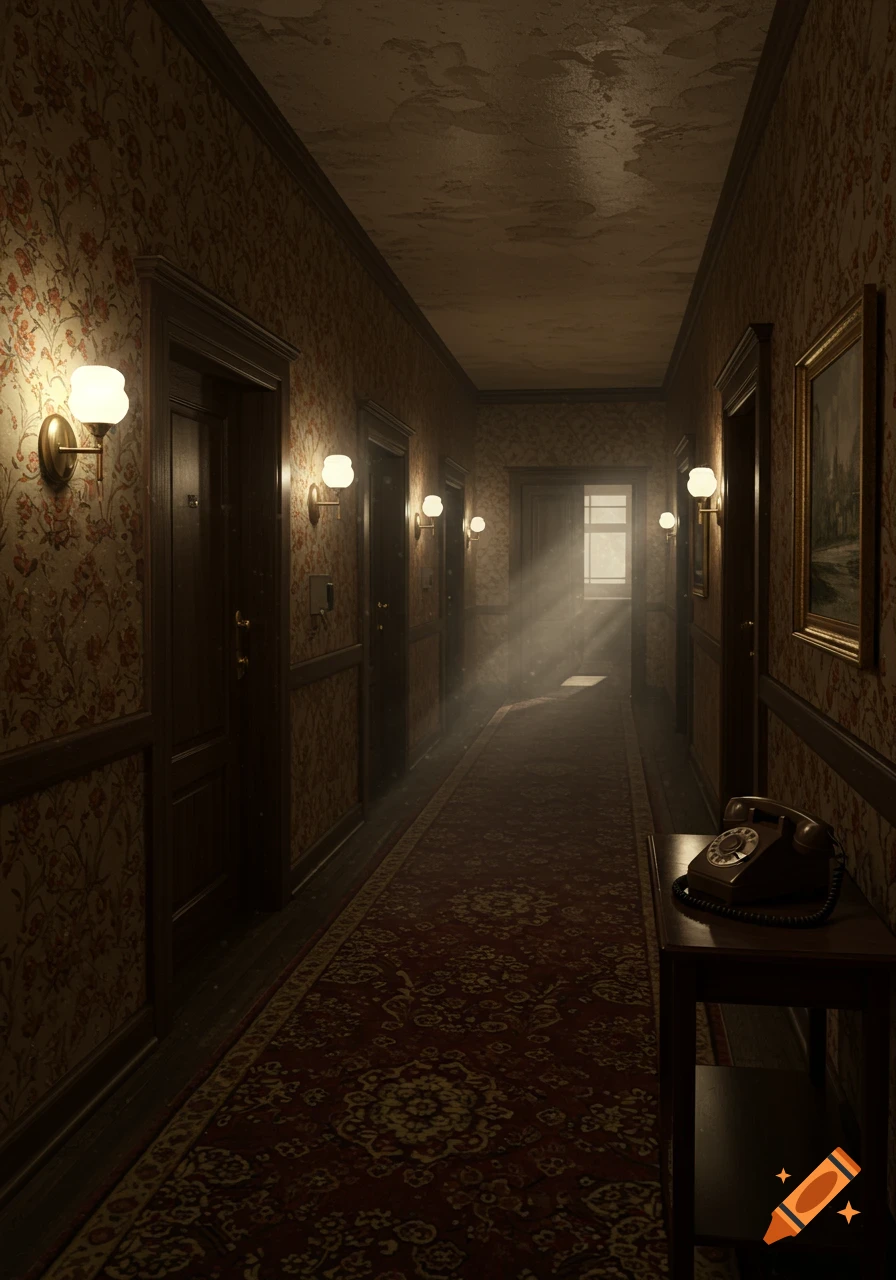 A dimly lit, vintage hallway with patterned wallpaper, dark wooden doors, and glowing wall sconces leading to a sunlit window at the far end. A rotary phone sits on a table.