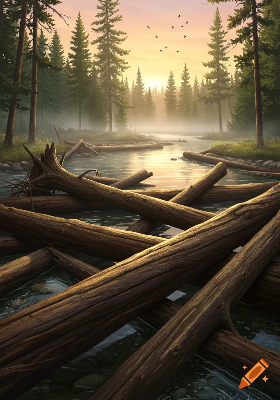 A log jam in a forest river at sunrise with mist rising from the water.
