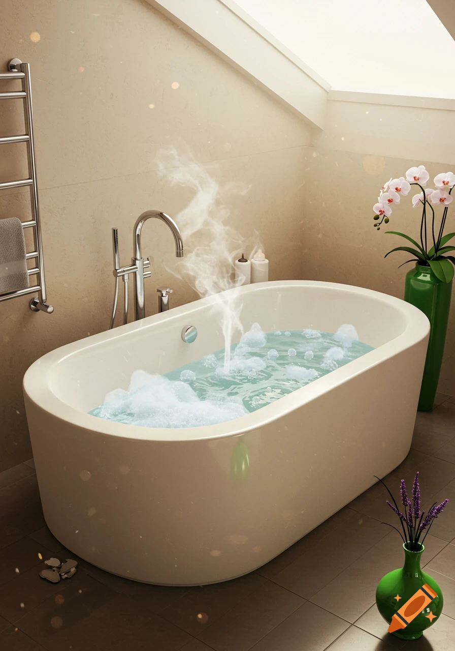 Photorealistic image of a modern bathroom with a steaming bathtub, bubbles, and orchids.