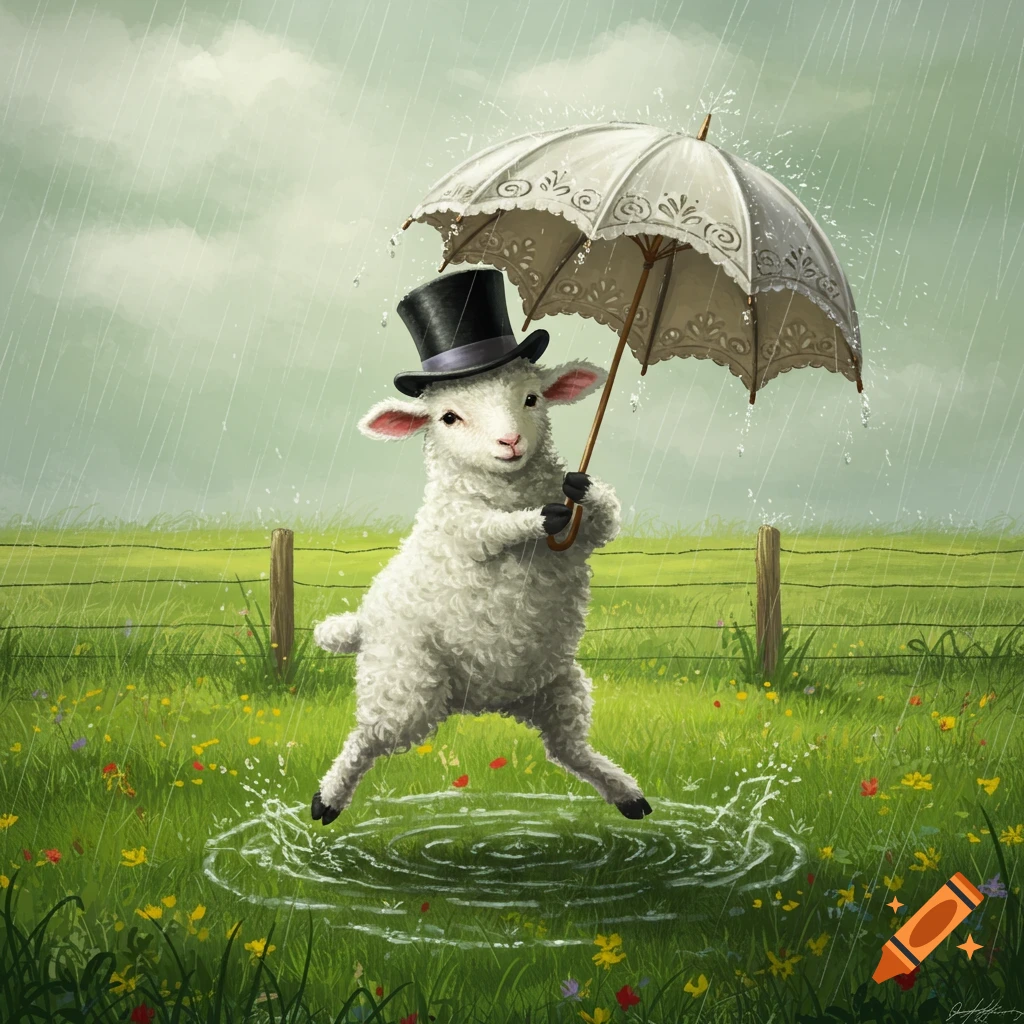 A whimsical illustration of a lamb in a top hat holding an umbrella, dancing and splashing in a puddle in a rainy green field.