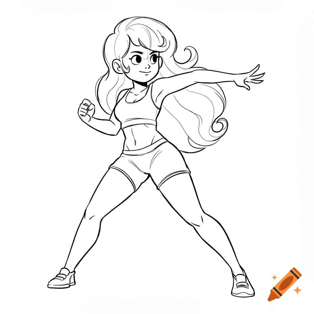 Black and white line art sketch of a cartoon girl in a sports bra and shorts, in an action pose.