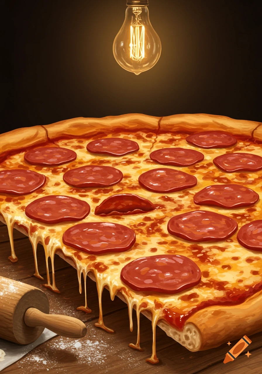 Close-up illustration of a pepperoni pizza with melting cheese, under a glowing light bulb, next to a wooden rolling pin on a table.