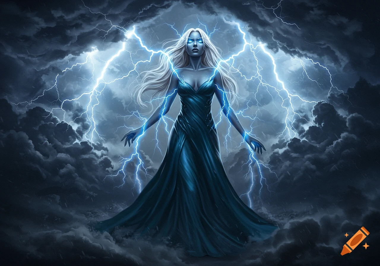 A powerful goddess with flowing white hair stands amidst a stormy sky, surrounded by bright blue lightning emanating from her hands and eyes. She wears a long blue gown.