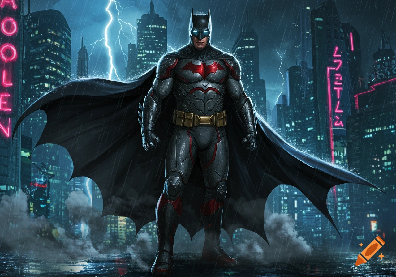 A powerfully armored Batman stands heroically in a rainy, lightning-streaked futuristic city at night.